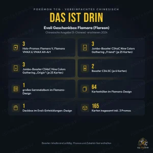Inhalt der Pokémon Evoli Geschenkbox Flamara (Flareon) auf Chinesisch: 3 Promos, 6 Jumbo-Booster, 2 Booster, Album, Hüllen, Deckbox