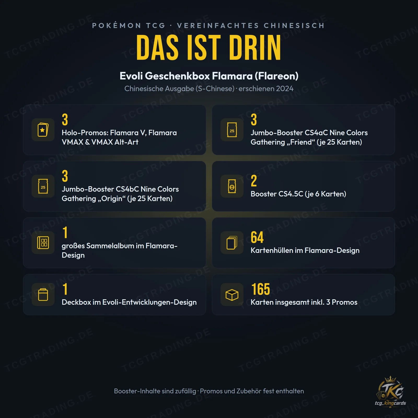 Inhalt der Pokémon Evoli Geschenkbox Flamara (Flareon) auf Chinesisch: 3 Promos, 6 Jumbo-Booster, 2 Booster, Album, Hüllen, Deckbox