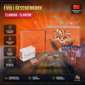 Pokémon Evoli Geschenkbox Flamara (Flareon Gift Box) – Chinesisch, mit Album, Deckbox und Boostern