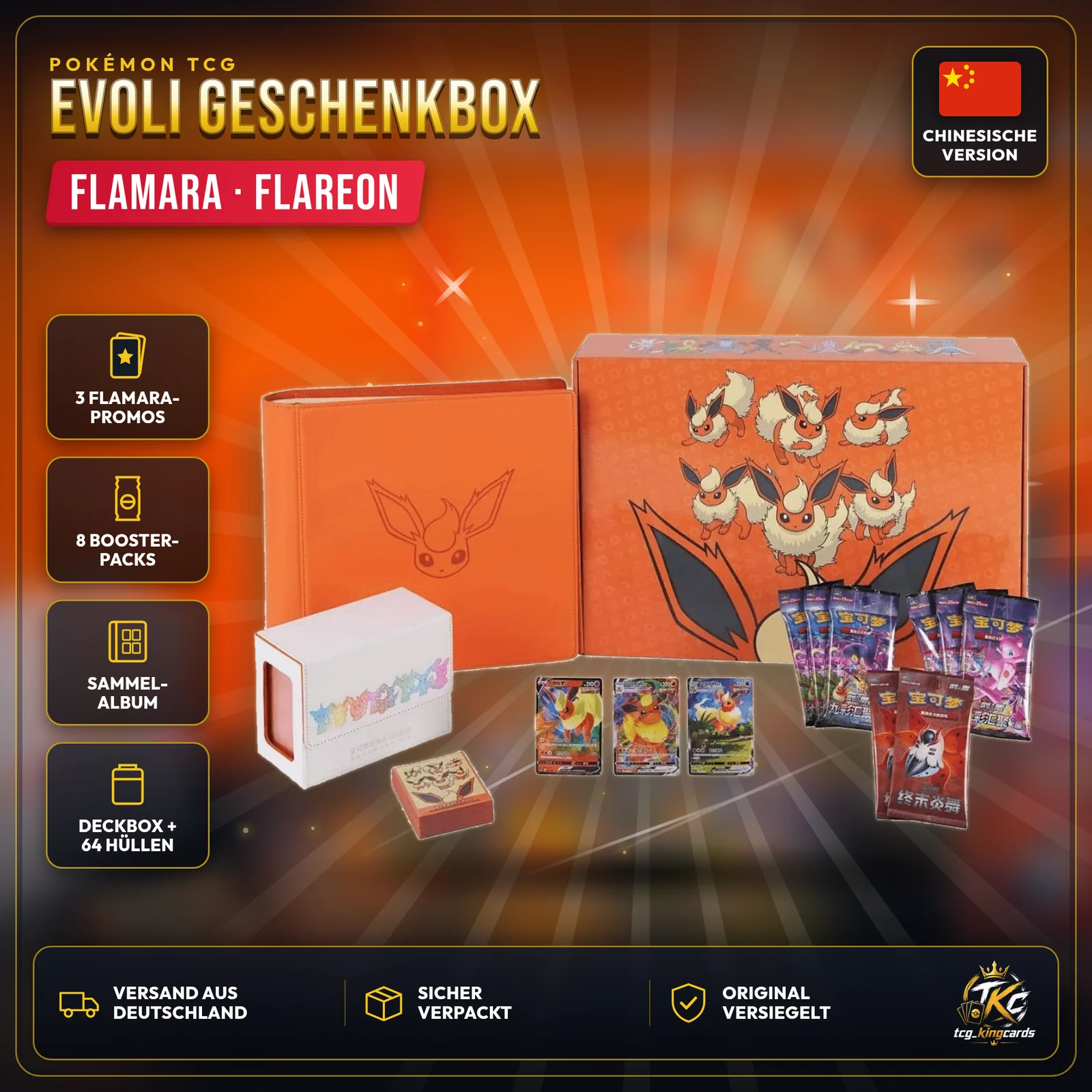 Pokémon Evoli Geschenkbox Flamara (Flareon Gift Box) – Chinesisch, mit Album, Deckbox und Boostern