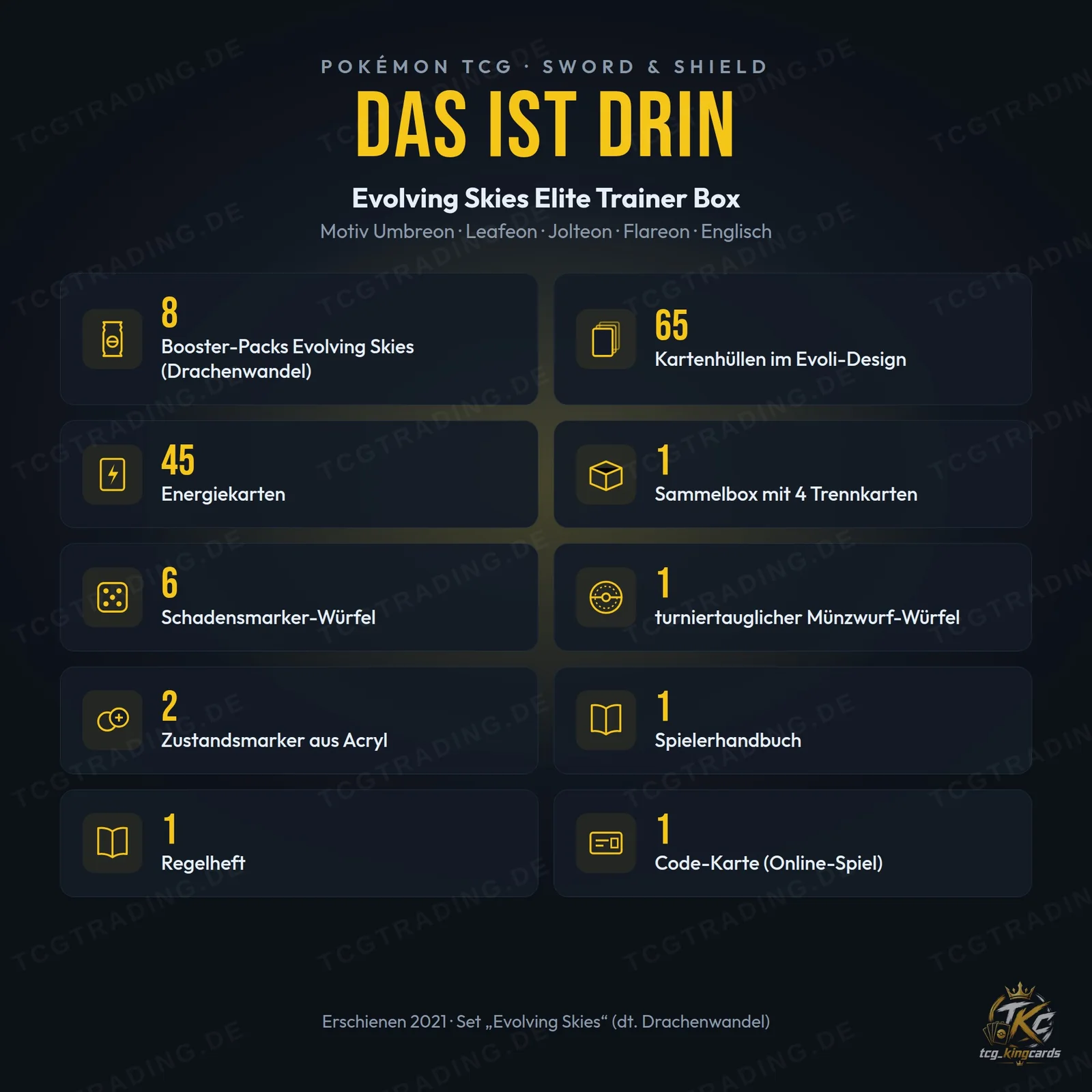 Inhalt der Evolving Skies Elite Trainer Box Umbreon, Leafeon, Jolteon, Flareon: 8 Booster, 65 Hüllen, 45 Energiekarten