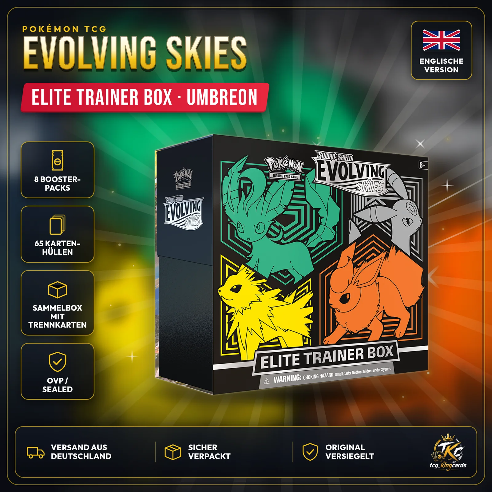 Pokémon Evolving Skies Elite Trainer Box Umbreon, Leafeon, Jolteon & Flareon – Englisch