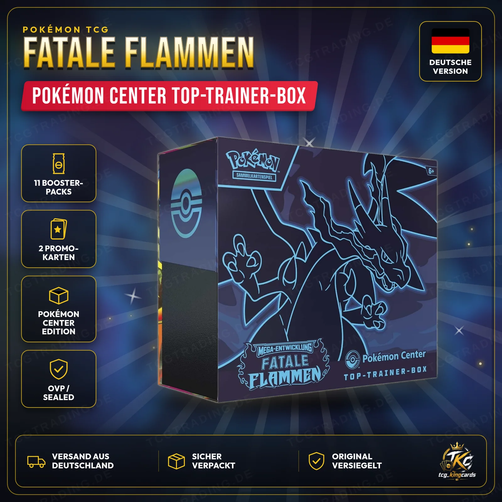 Pokémon Fatale Flammen Pokémon Center Top-Trainer-Box – Deutsch – Produktbild KINGCARDS