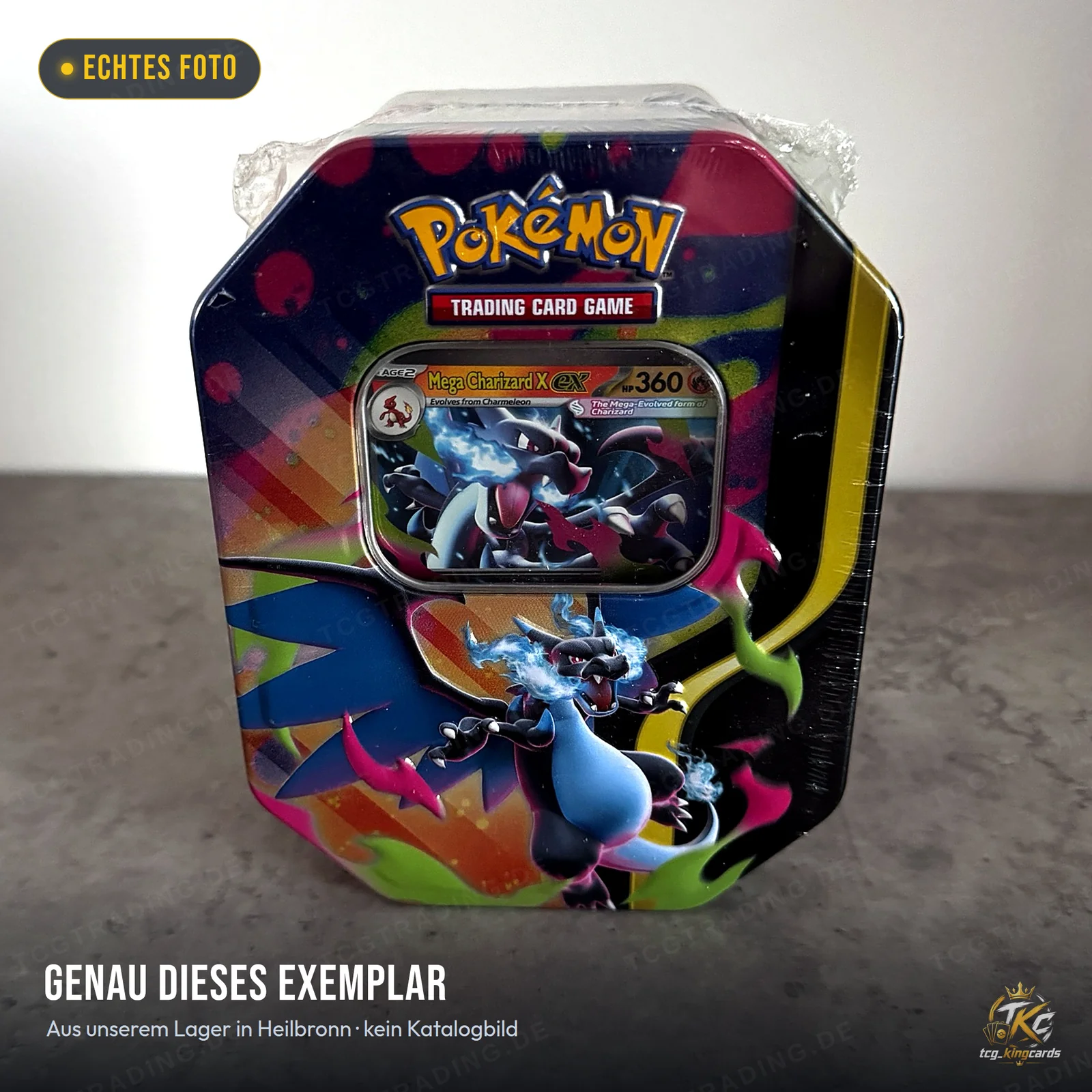 Pokémon Mega Charizard X ex Tin (Mega-Glurak-X-ex) – Englisch – echtes Foto aus unserem Lager