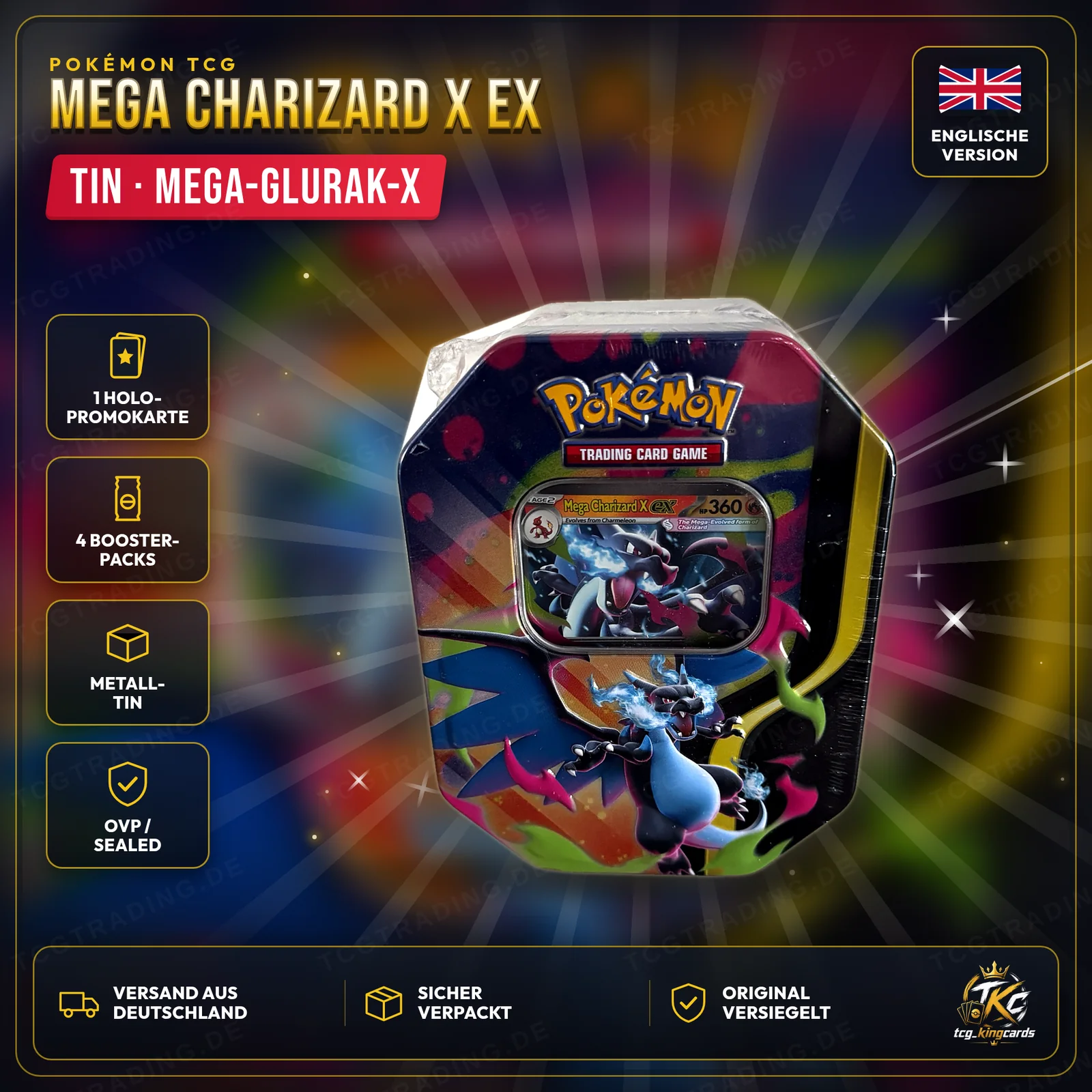 Pokémon Mega Charizard X ex Tin (Mega-Glurak-X-ex) – Englisch – Produktbild KINGCARDS