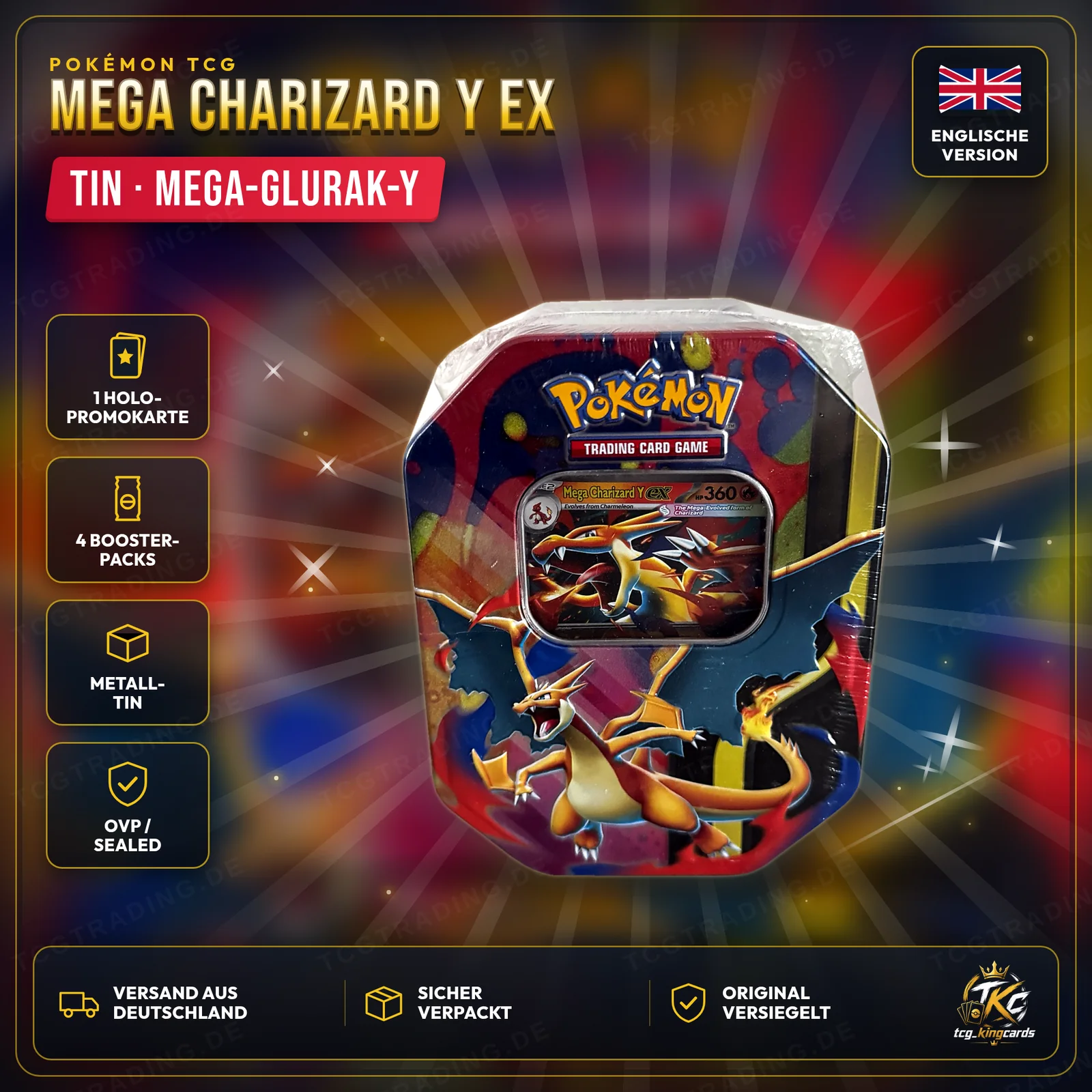 Pokémon Mega Charizard Y ex Tin (Mega-Glurak-Y-ex) – Englisch – Produktbild KINGCARDS