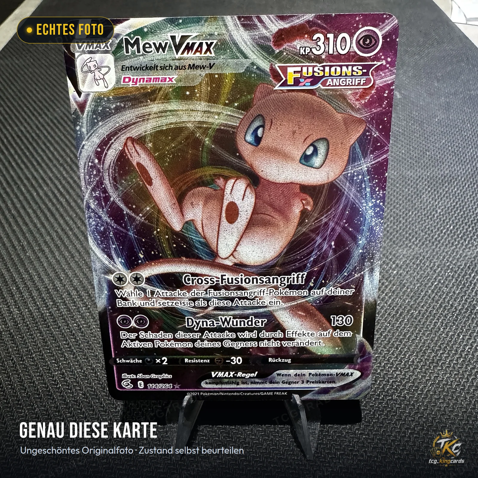 Pokémon Mew-VMAX (Mew VMAX) 114/264 Rare Holo – Fusionsangriff – Deutsch – echtes Foto genau dieser Karte