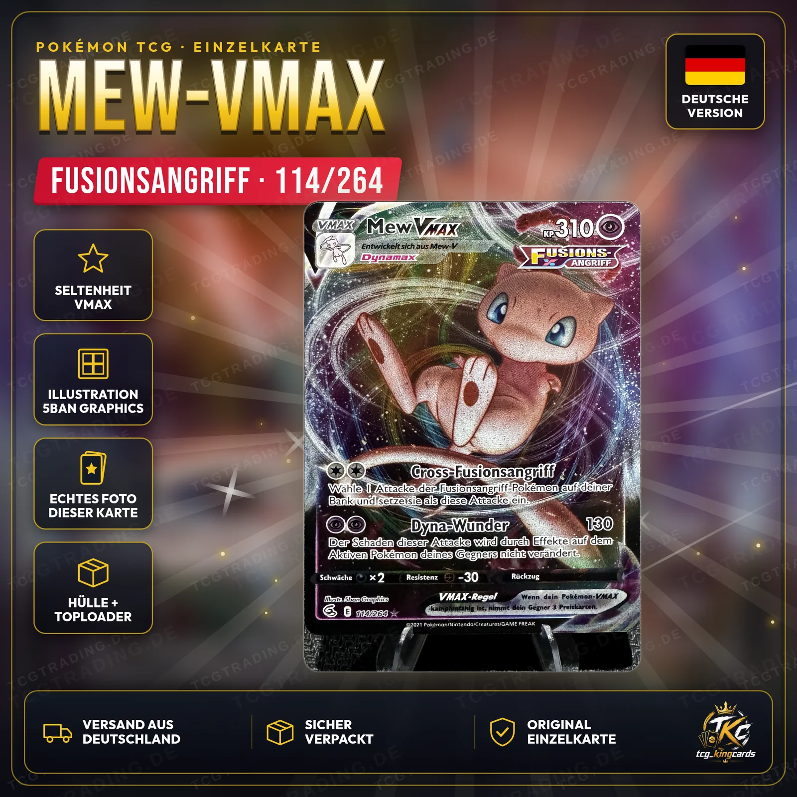 Pokémon Mew-VMAX (Mew VMAX) 114/264 Rare Holo – Fusionsangriff – Deutsch – Produktbild KINGCARDS