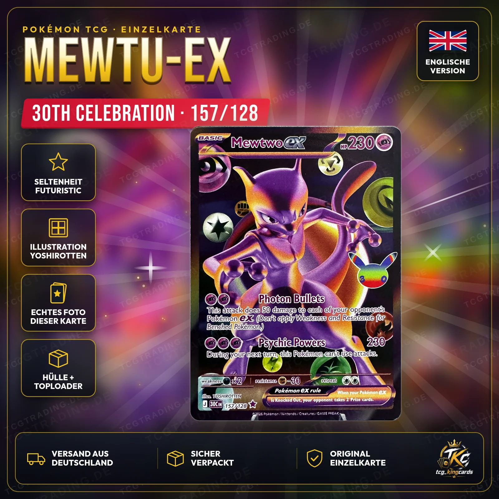 Pokémon Mewtu-ex (Mewtwo ex) 157/128 Futuristic Rare – 30th Celebration – Englisch – Produktbild KINGCARDS