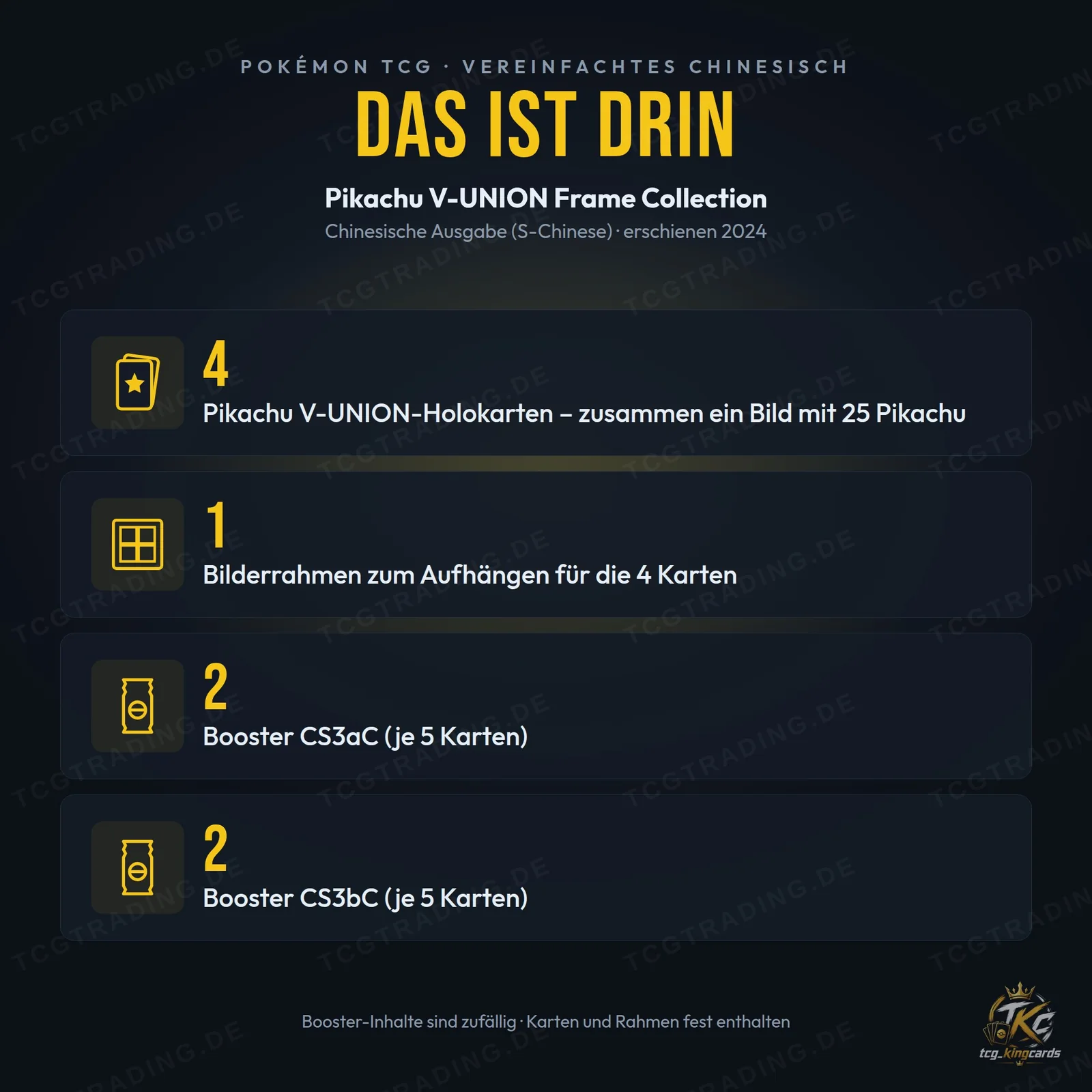 Inhalt der Pokémon Pikachu V-UNION Frame Collection auf Chinesisch: 4 V-UNION-Karten, Bilderrahmen, 4 Booster