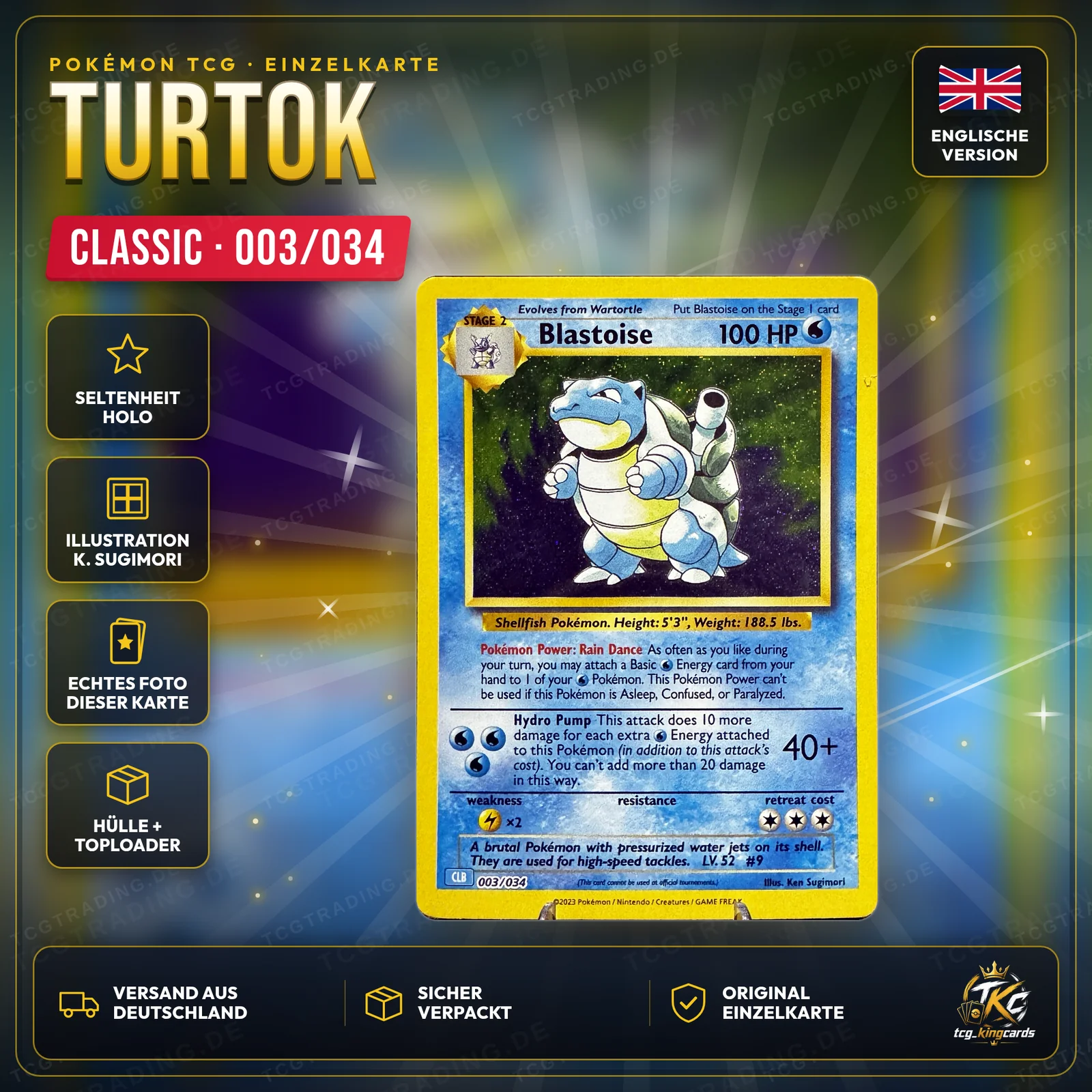 Pokémon Turtok (Blastoise) 003/034 Holo – Pokémon TCG Classic (CLB) – Englisch – Produktbild KINGCARDS