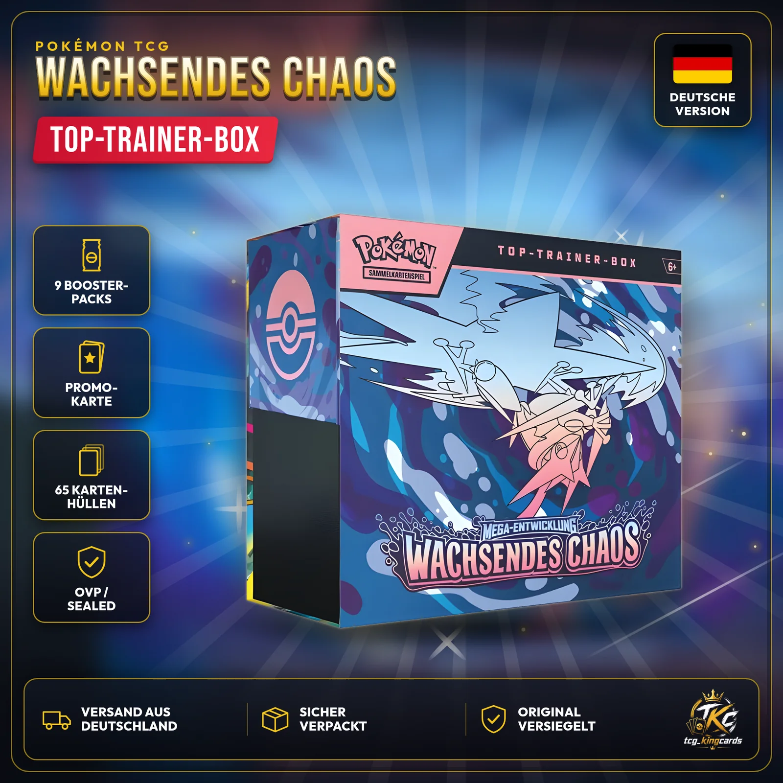 Pokémon Wachsendes Chaos Top-Trainer-Box – Deutsch – Produktbild KINGCARDS